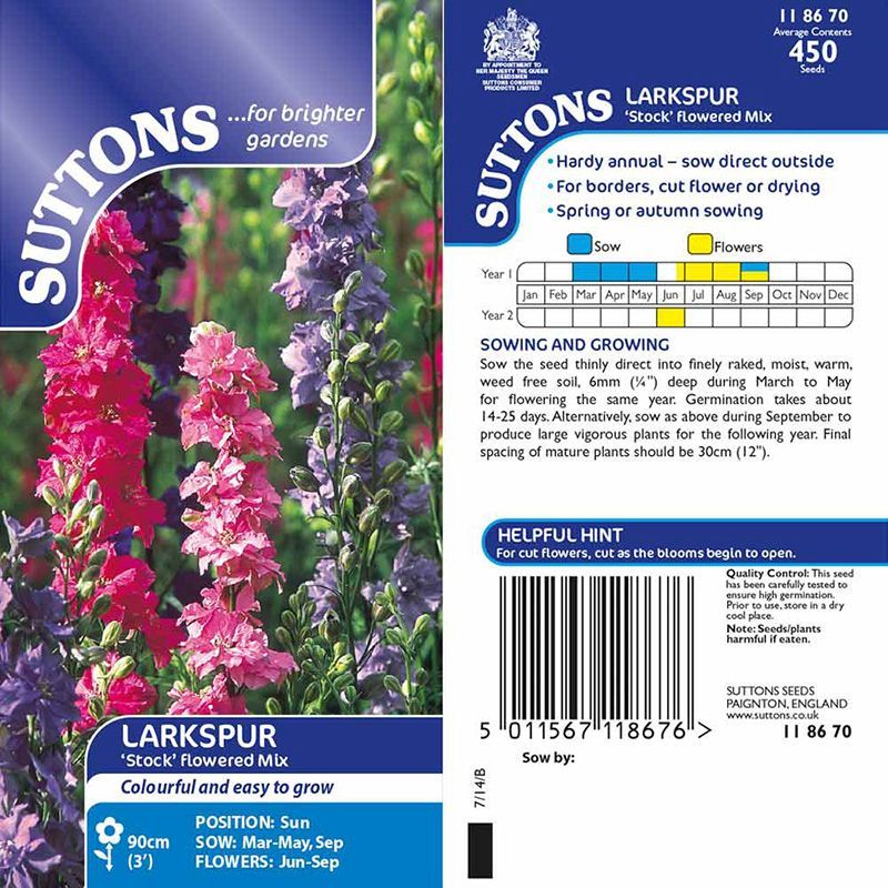 ScoutSeed Suttons Seeds Larkspur Stock Flowered Mix 